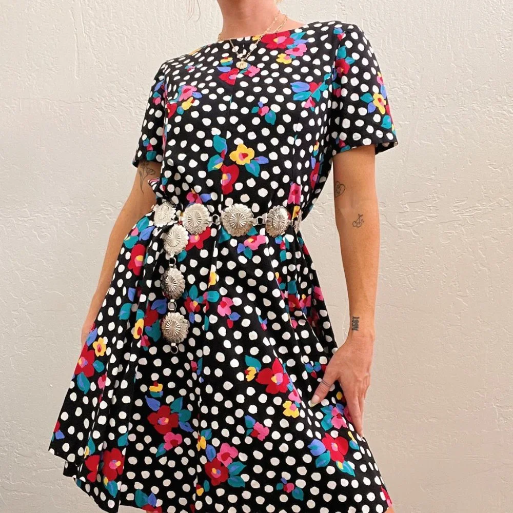 Vintage Black Funky Floral Dot Printed Short Sleeve Mini Dress - Picture 2 of 7